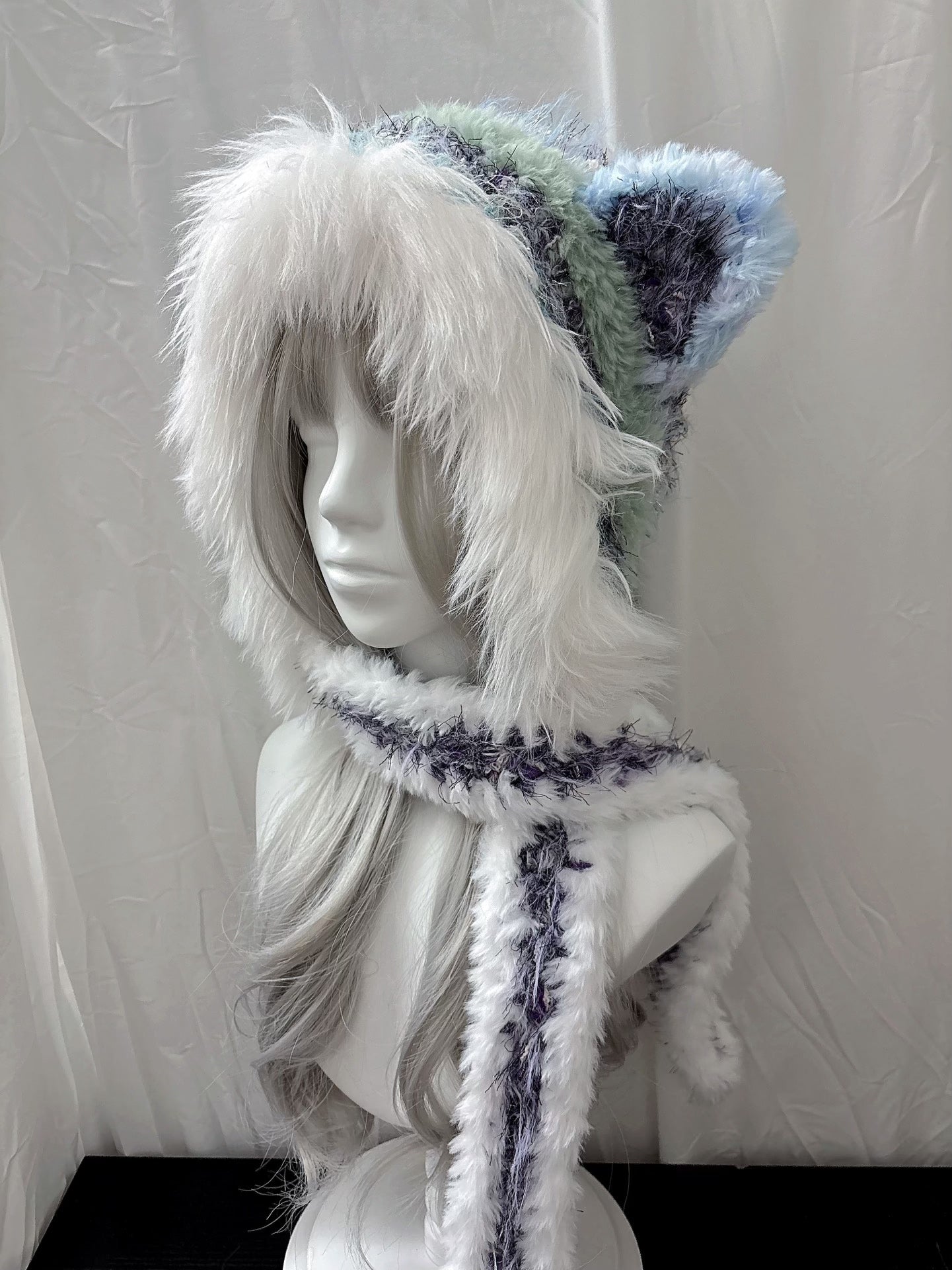 Tierohren-Kapuzenmütze mit Schal, handgehäkelter Kapuzenschal, Fairycore Winterkapuze