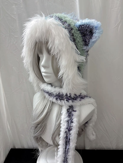 Tierohren-Kapuzenmütze mit Schal, handgehäkelter Kapuzenschal, Fairycore Winterkapuze