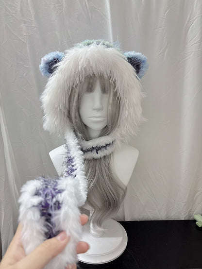 Tierohren-Kapuzenmütze mit Schal, handgehäkelter Kapuzenschal, Fairycore Winterkapuze