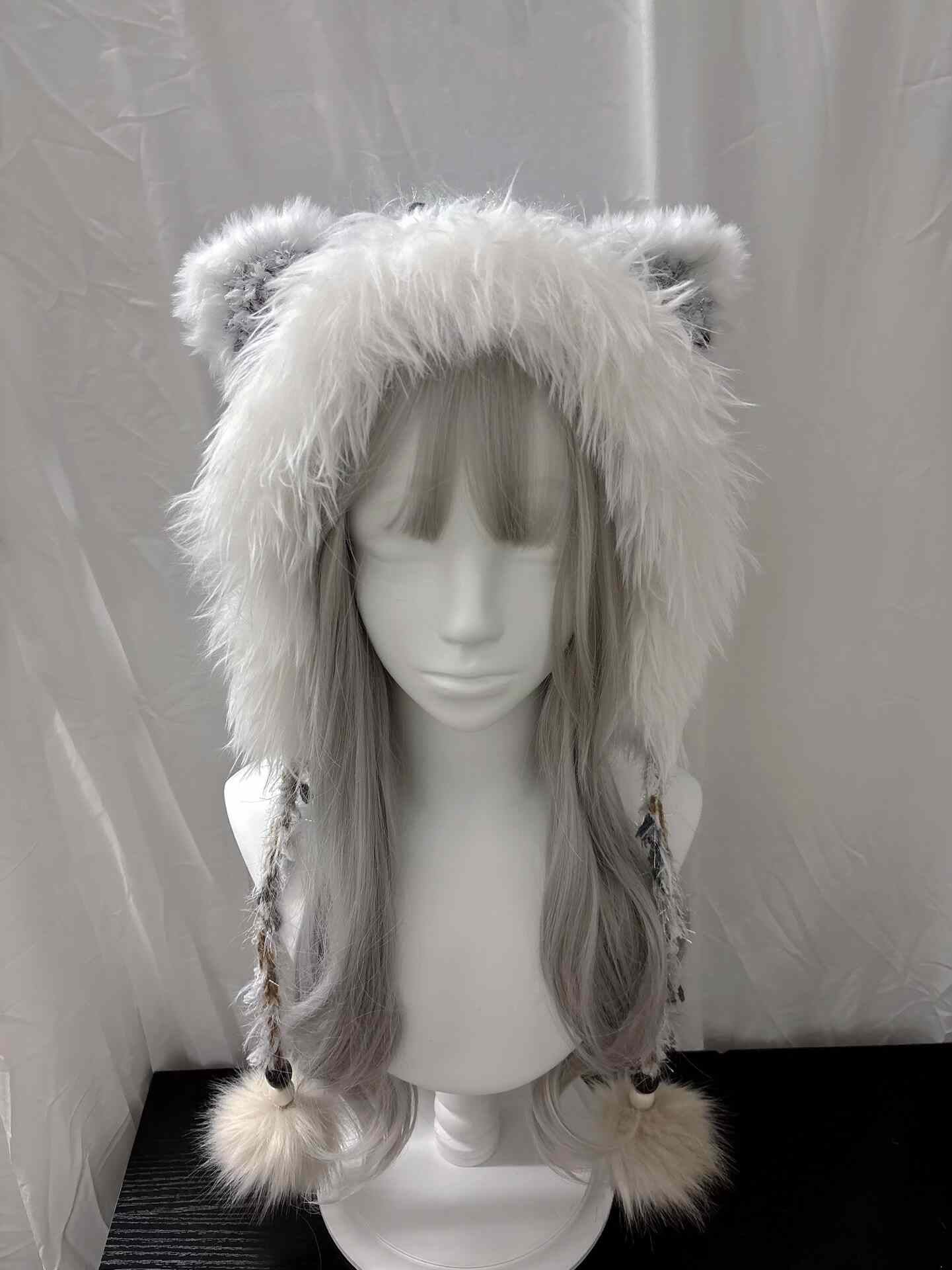 Tierohren-Kapuzenmütze mit Schal, handgehäkelter Kapuzenschal, Fairycore Winterkapuze