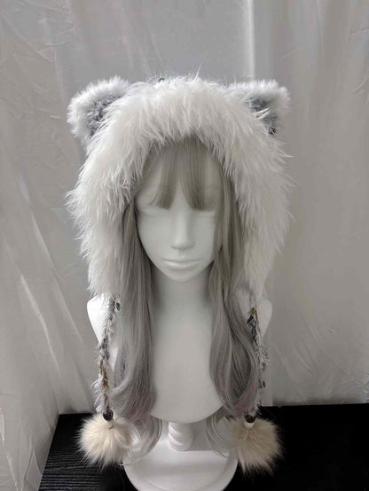 Tierohren-Kapuzenmütze mit Schal, handgehäkelter Kapuzenschal, Fairycore Winterkapuze