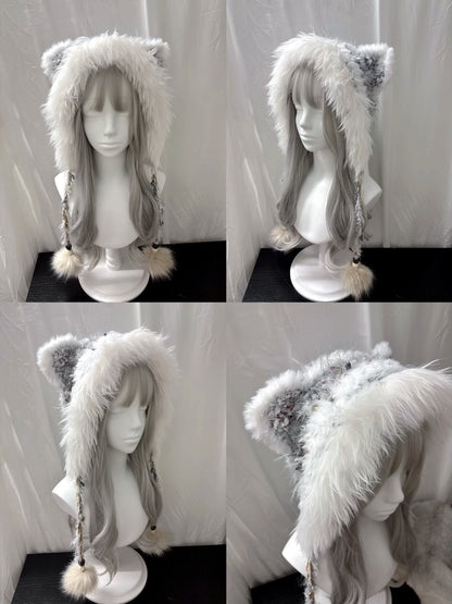 Grau Silberne Katzenohren Kapuze mit Schal, Handgemachte Gehäkelte Kapuzenschal, Kawaii Winter