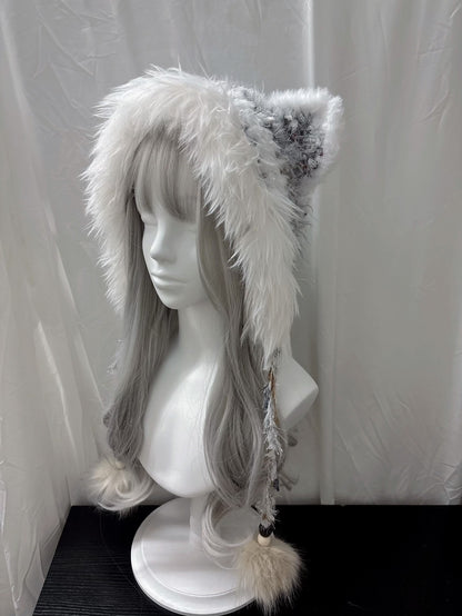 Grau Silberne Katzenohren Kapuze mit Schal, Handgemachte Gehäkelte Kapuzenschal, Kawaii Winter