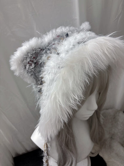 Grau Silberne Katzenohren Kapuze mit Schal, Handgemachte Gehäkelte Kapuzenschal, Kawaii Winter