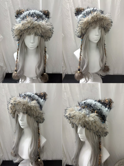 Gray Silver Cat Ear Hat, Handmade Crochet Animal Beanie, Kawaii Winter Hat