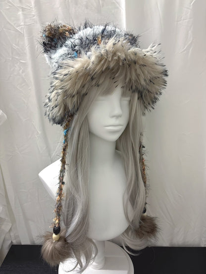 Gray Silver Cat Ear Hat, Handmade Crochet Animal Beanie, Kawaii Winter Hat