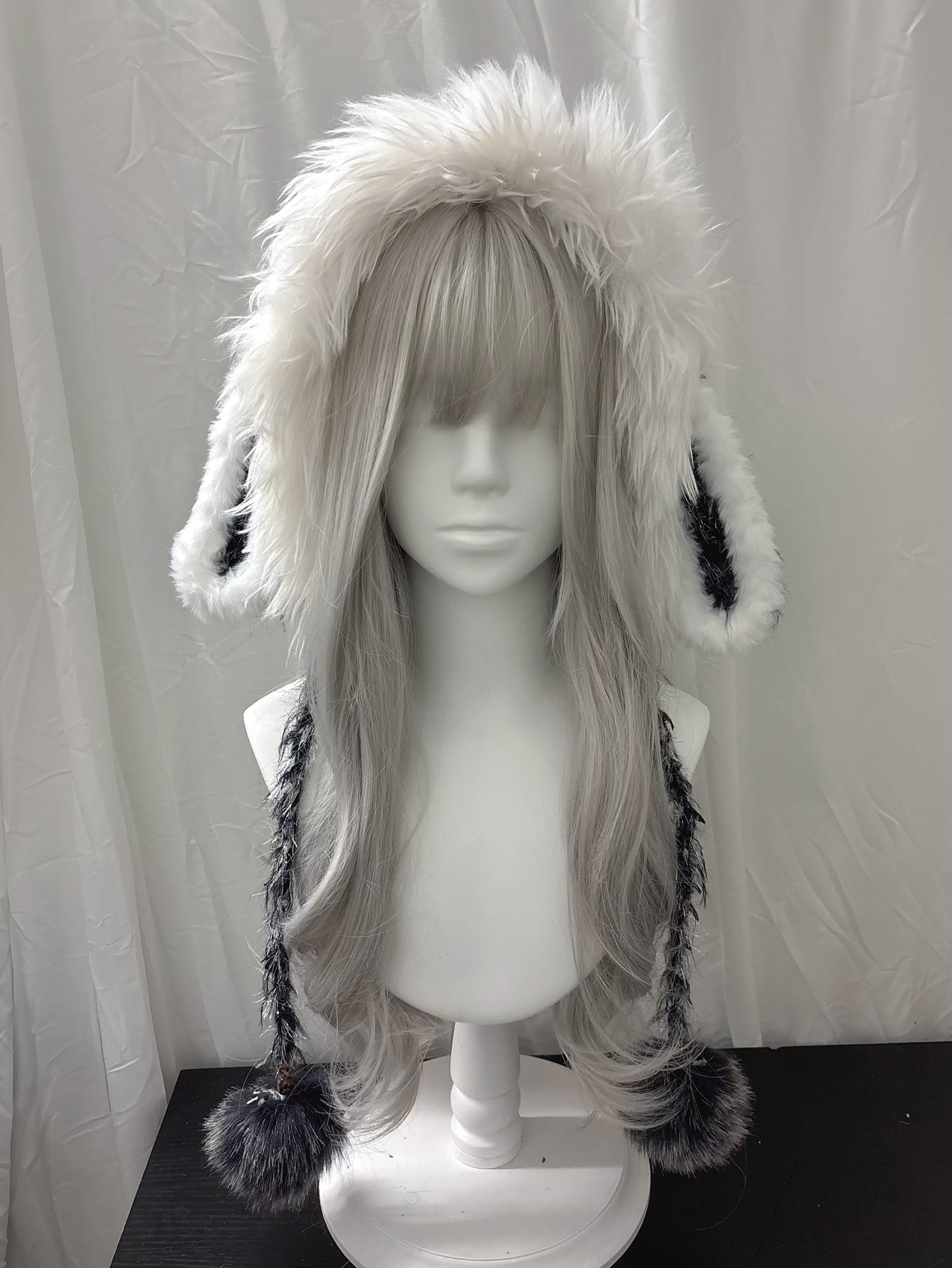 Gray White Bunny Cat Ear Hood with Scarf, Handmade Crochet Hooded Scarf