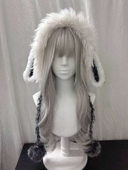 Gray White Bunny Cat Ear Hood with Scarf, Handmade Crochet Hooded Scarf