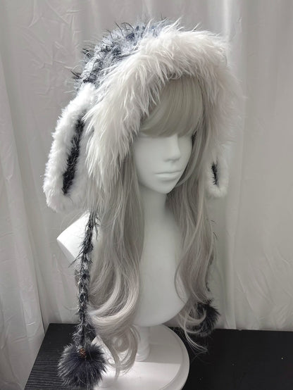 Gray White Bunny Cat Ear Hood with Scarf, Handmade Crochet Hooded Scarf
