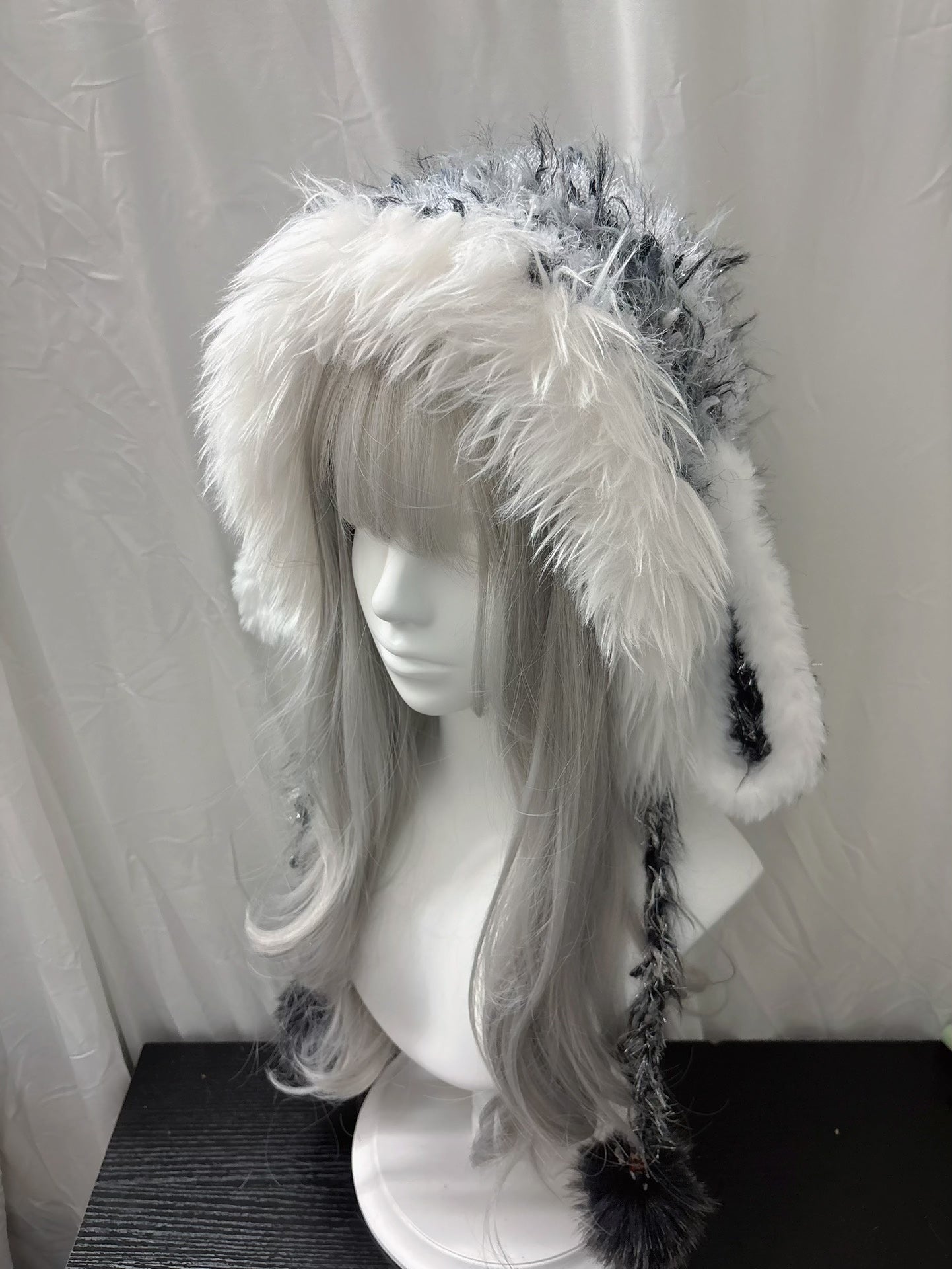 Gray White Bunny Cat Ear Hood with Scarf, Handmade Crochet Hooded Scarf