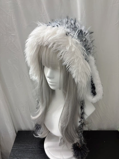 Gray White Bunny Cat Ear Hood with Scarf, Handmade Crochet Hooded Scarf