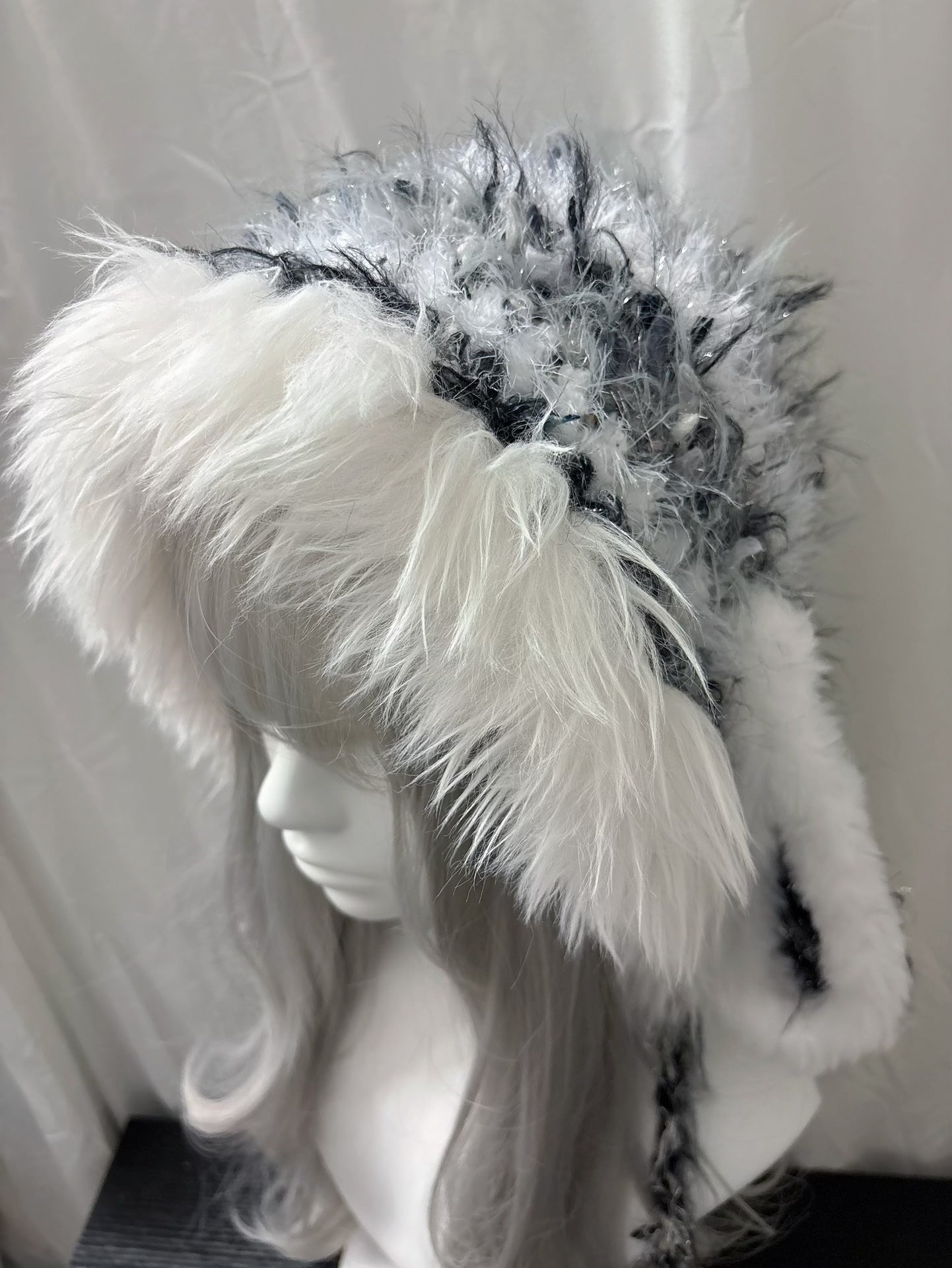Gray White Bunny Cat Ear Hood with Scarf, Handmade Crochet Hooded Scarf