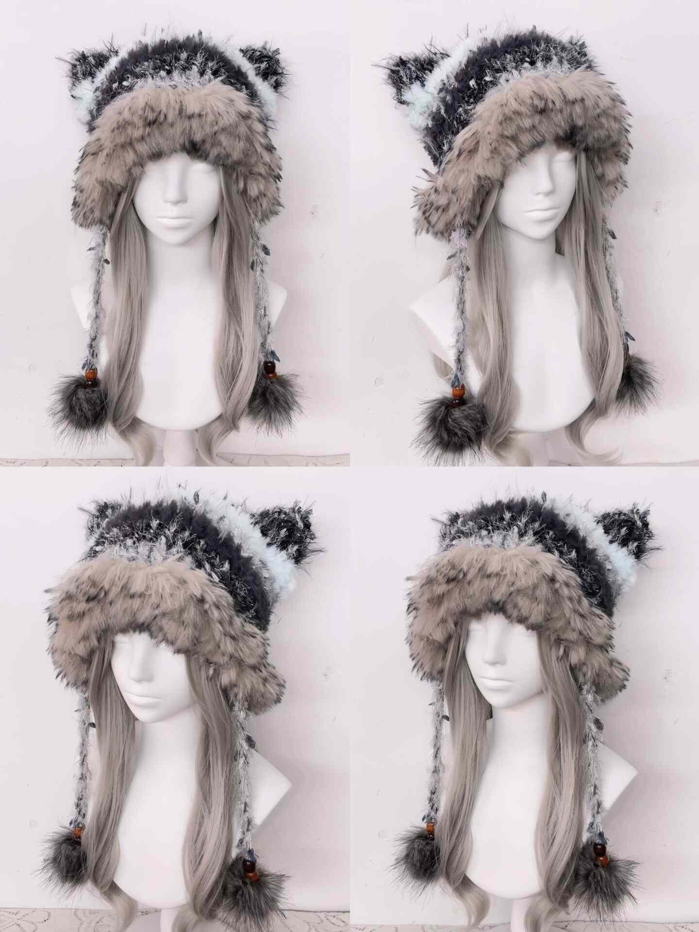 Schwarze graue Katzenohrenmütze, handgemachte gehäkelte Tiermütze, Gothic Kawaii Wintermütze