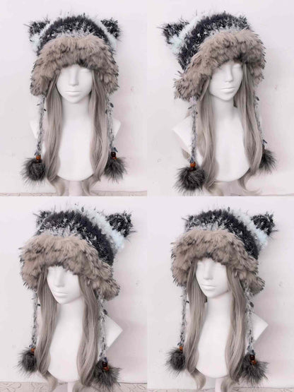 Schwarze graue Katzenohrenmütze, handgemachte gehäkelte Tiermütze, Gothic Kawaii Wintermütze