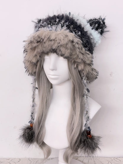 Schwarze graue Katzenohrenmütze, handgemachte gehäkelte Tiermütze, Gothic Kawaii Wintermütze