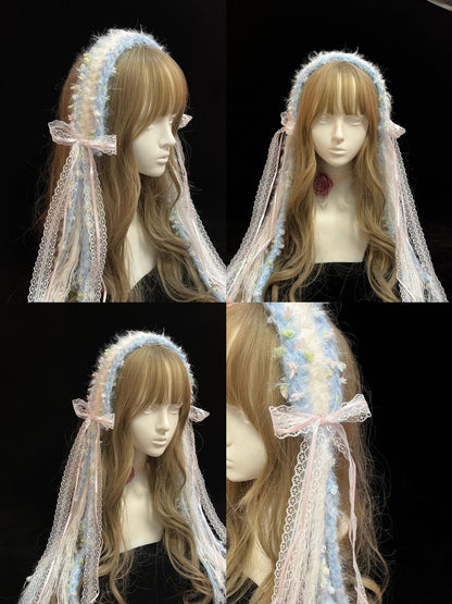 Blue White Crochet Headband Handmade Kawaii Hair Band Pastel Crochet Headband Lolita