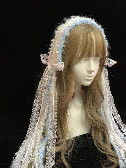 Blue White Crochet Headband Handmade Kawaii Hair Band Pastel Crochet Headband Lolita