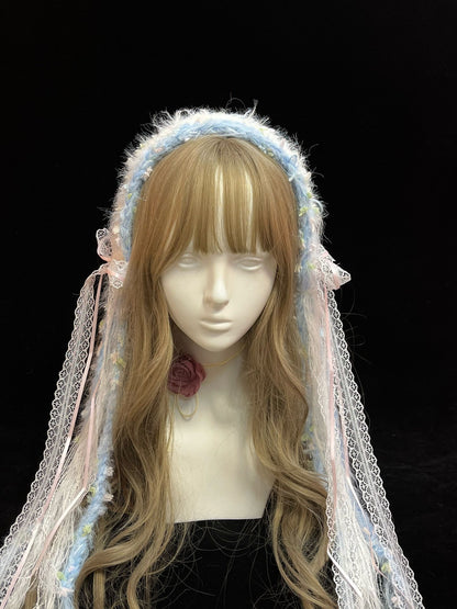 Blue White Crochet Headband Handmade Kawaii Hair Band Pastel Crochet Headband Lolita
