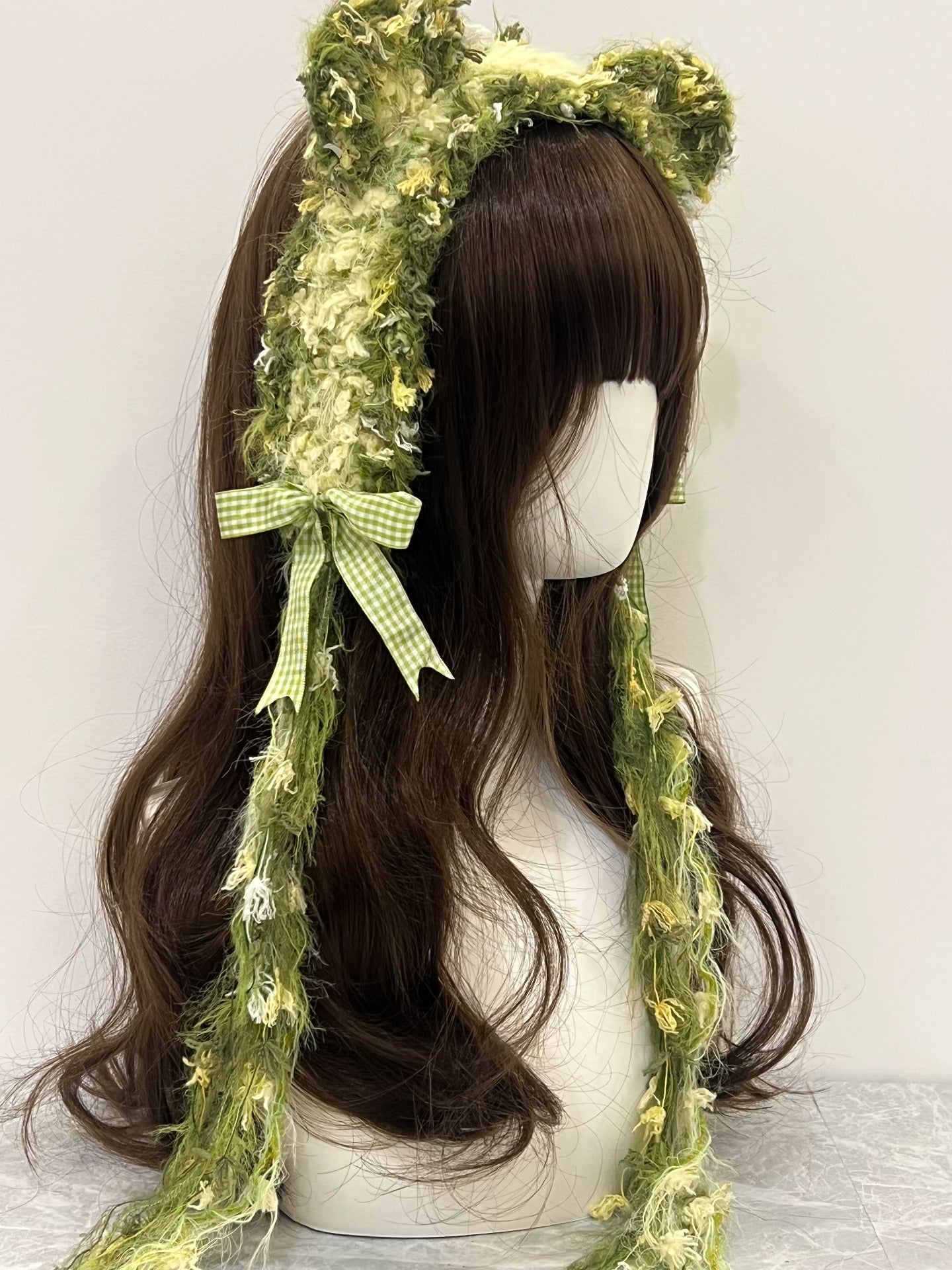 Bandeau au crochet « Green Bear », fait main, Kawaii, pastel, Lolita, esthétique anime