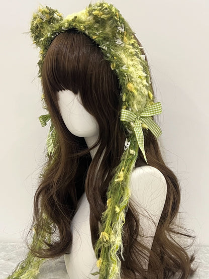 Bandeau au crochet « Green Bear », fait main, Kawaii, pastel, Lolita, esthétique anime