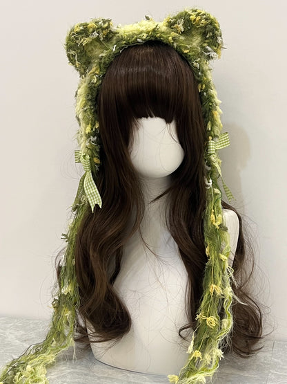 Bandeau au crochet « Green Bear », fait main, Kawaii, pastel, Lolita, esthétique anime