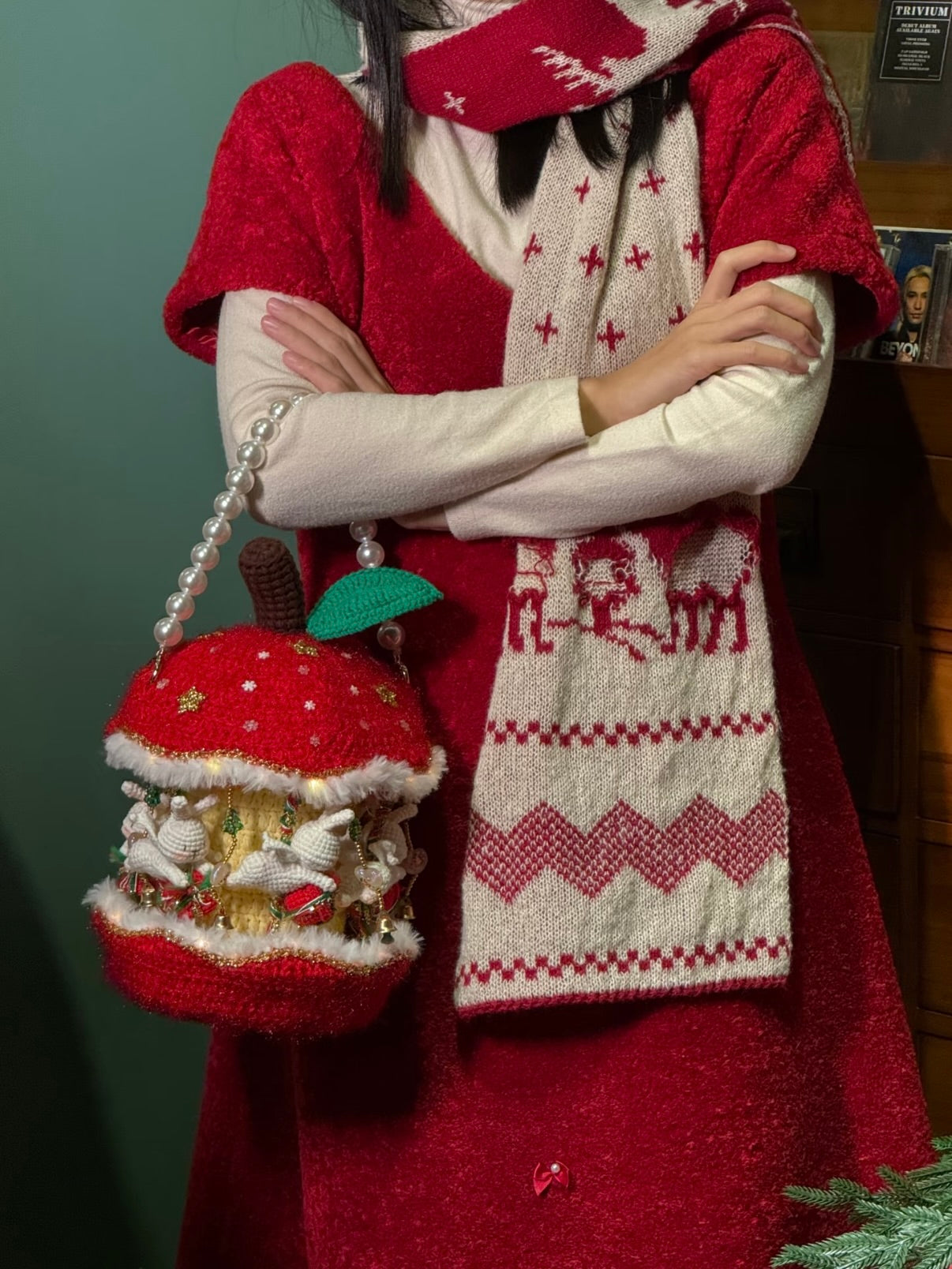Sac de carrousel pomme en crochet fait main avec lumière, sac à main de Noël en crochet