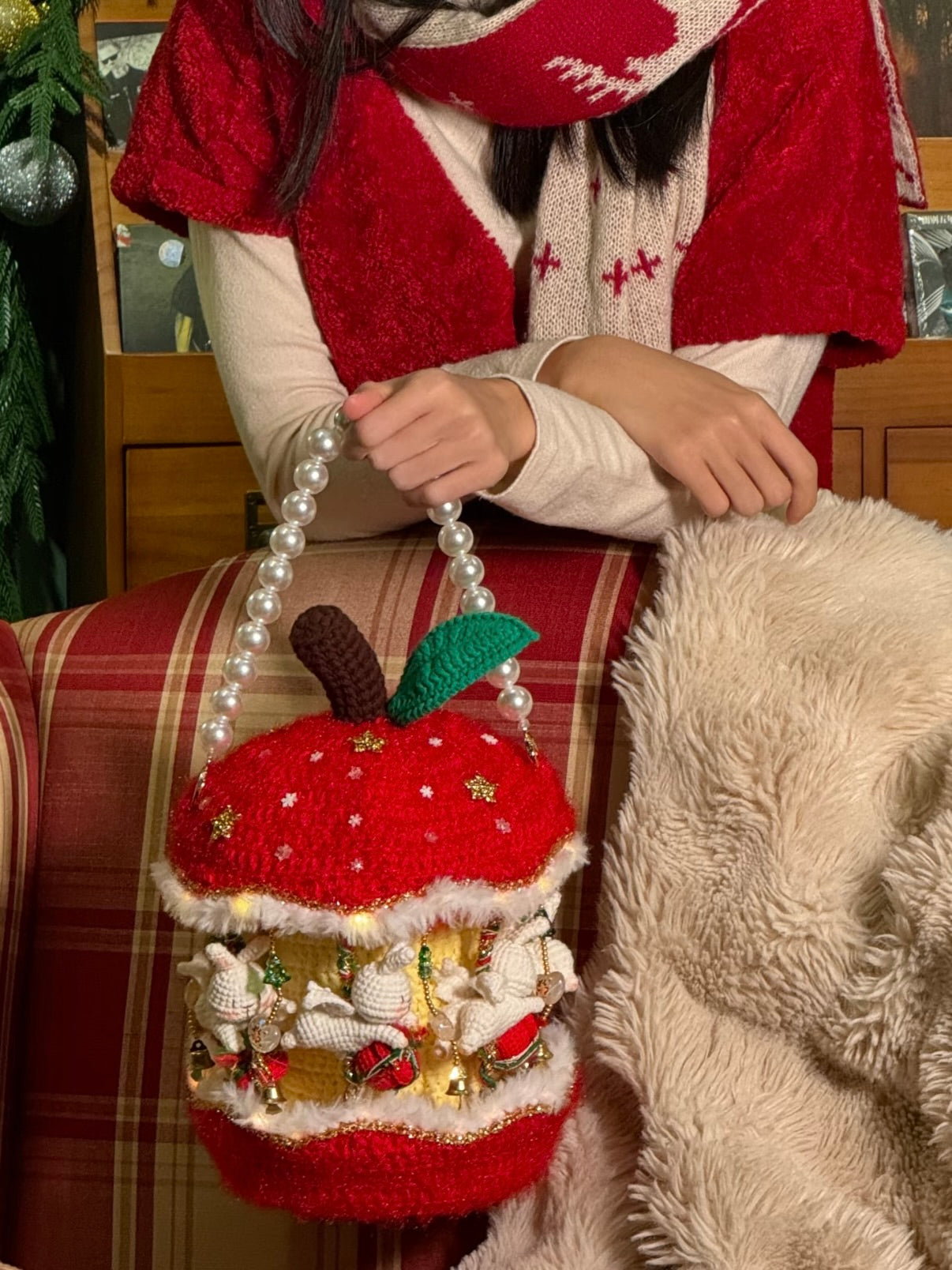 Sac de carrousel pomme en crochet fait main avec lumière, sac à main de Noël en crochet