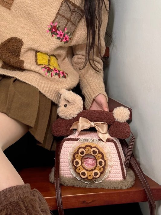 Handmade Crochet Retro Phone Bag, Cute Bear Crochet Handbag, Kawaii Crossbody Bag