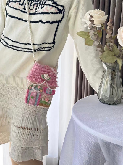 Gehäkelte Erdbeer-Handytasche, rosa Cottage-Handytasche, niedliche gehäkelte Umhängetasche