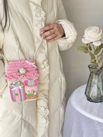 Gehäkelte Erdbeer-Handytasche, rosa Cottage-Handytasche, niedliche gehäkelte Umhängetasche
