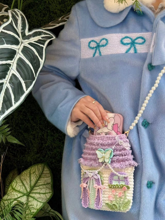 Gehäkelte Handy-Tasche, Schmetterlings-Cottage-Handytasche, Kawaii Häkel-Umhängetasche
