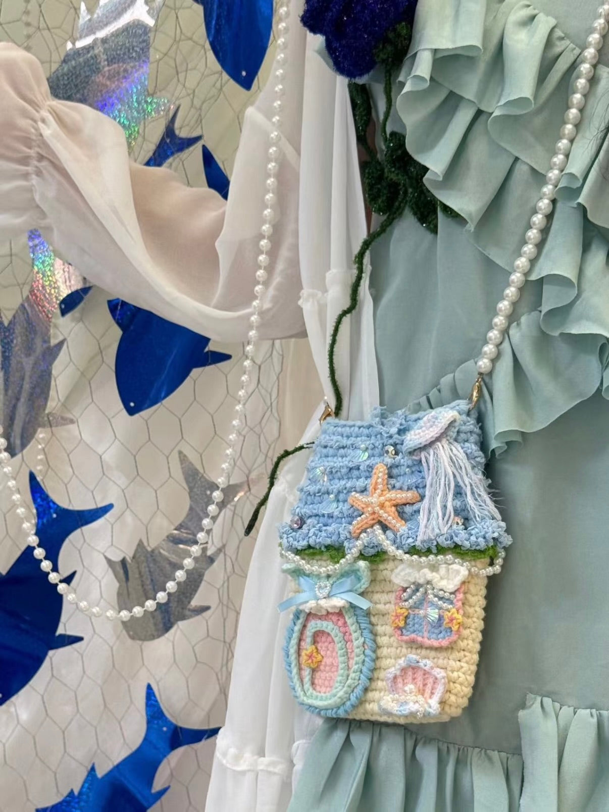 Sac de téléphone papillon au crochet, sac à bandoulière bleu cottage, sac à main bandoulière fait main
