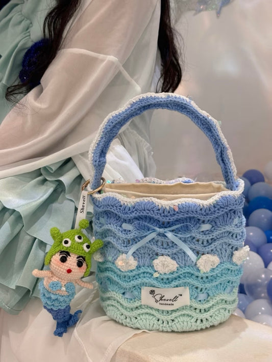 Handmade Crochet Mermaid Bag, Ocean Wave Crochet Purse, Cottagecore Blue Handbag