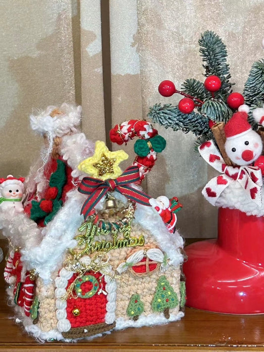 Handmade Crochet Christmas House Bag, Holiday Cottage Storage Box, Christmas Crochet