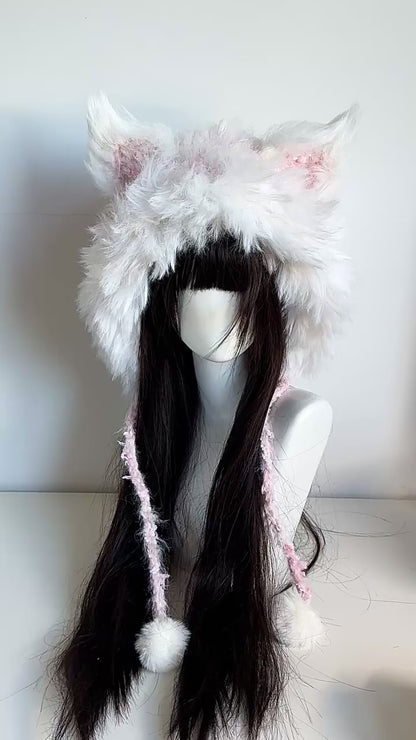 Kapuze mit Fuchsohren in Pink Mist, handgefertigte Häkel-Fuchskapuze, weiche Pastell Tier Wintermütze