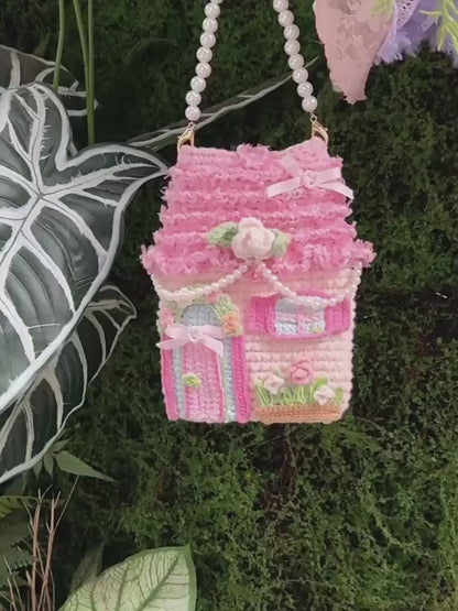 Gehäkelte Erdbeer-Handytasche, rosa Cottage-Handytasche, niedliche gehäkelte Umhängetasche