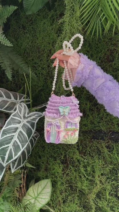 Crochet House Phone Bag, Butterfly Cottage Phone Purse, Kawaii Crochet Crossbody Bag