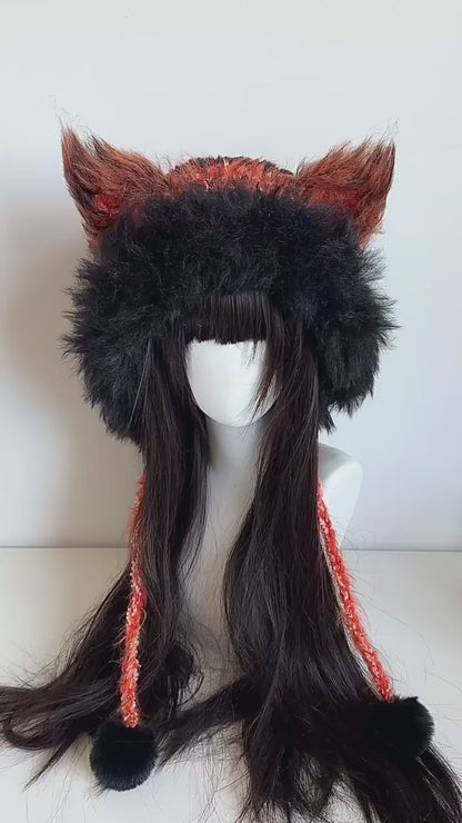 Red Fox-Eared Hood, Handmade Crochet Fox Hood, Bold Animal Winter Cosplay Hat