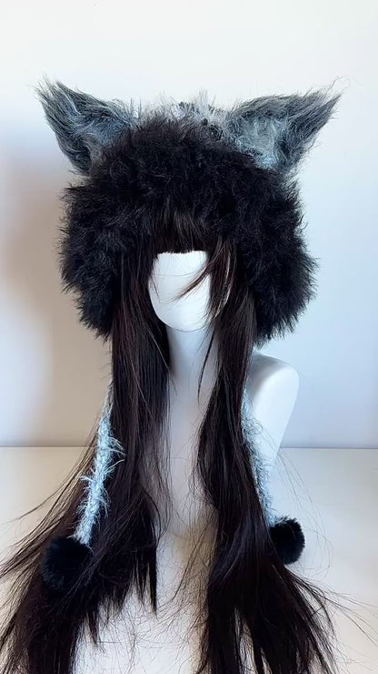 Fuchs-Ohren-Kapuze, handgemachte gehäkelte Fuchshaube, minimalistische Tierhaube in kühlen Farbtönen