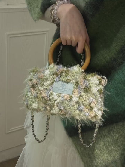 Handmade Fuzzy Crochet Bag with Wooden Handle, Boho Crossbody Purse