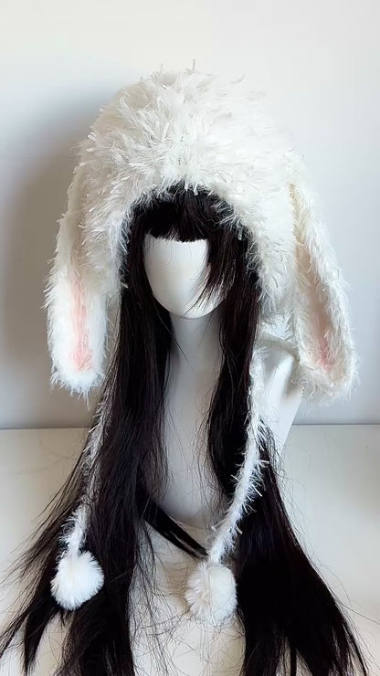 Capuche de lapin blanche à oreilles, Cagoule de lapin au crochet faite main, Bonnet à capuche animal mignon